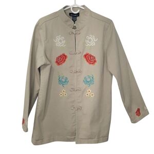 Denim & Co Canvas Embroidered Jacket Shacket Toggle Closure Womens Size L